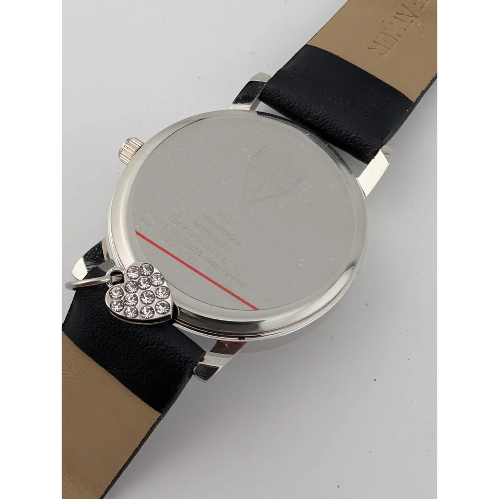 Accutime Watch Women 34mm Silver Case‎ Heart Charm Black Band- New Battery